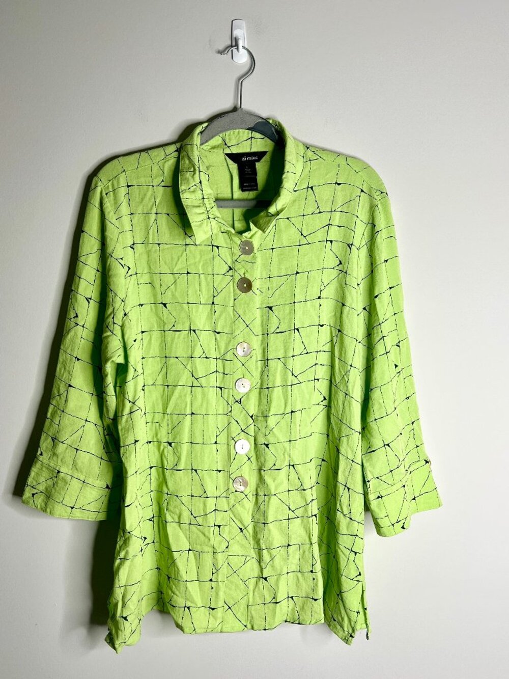 Ali Miles Lime Green Abstract Print Lagenlook Boho Button-Up Tunic Top Sz L